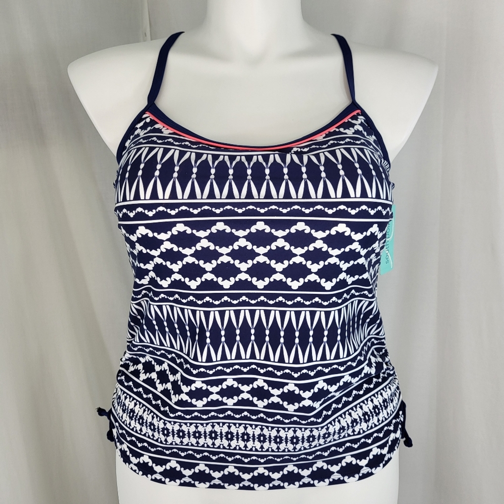 South Point Swim TANKINI TOP Womens Size 12 Navy Blue White Racerback Padded NWT